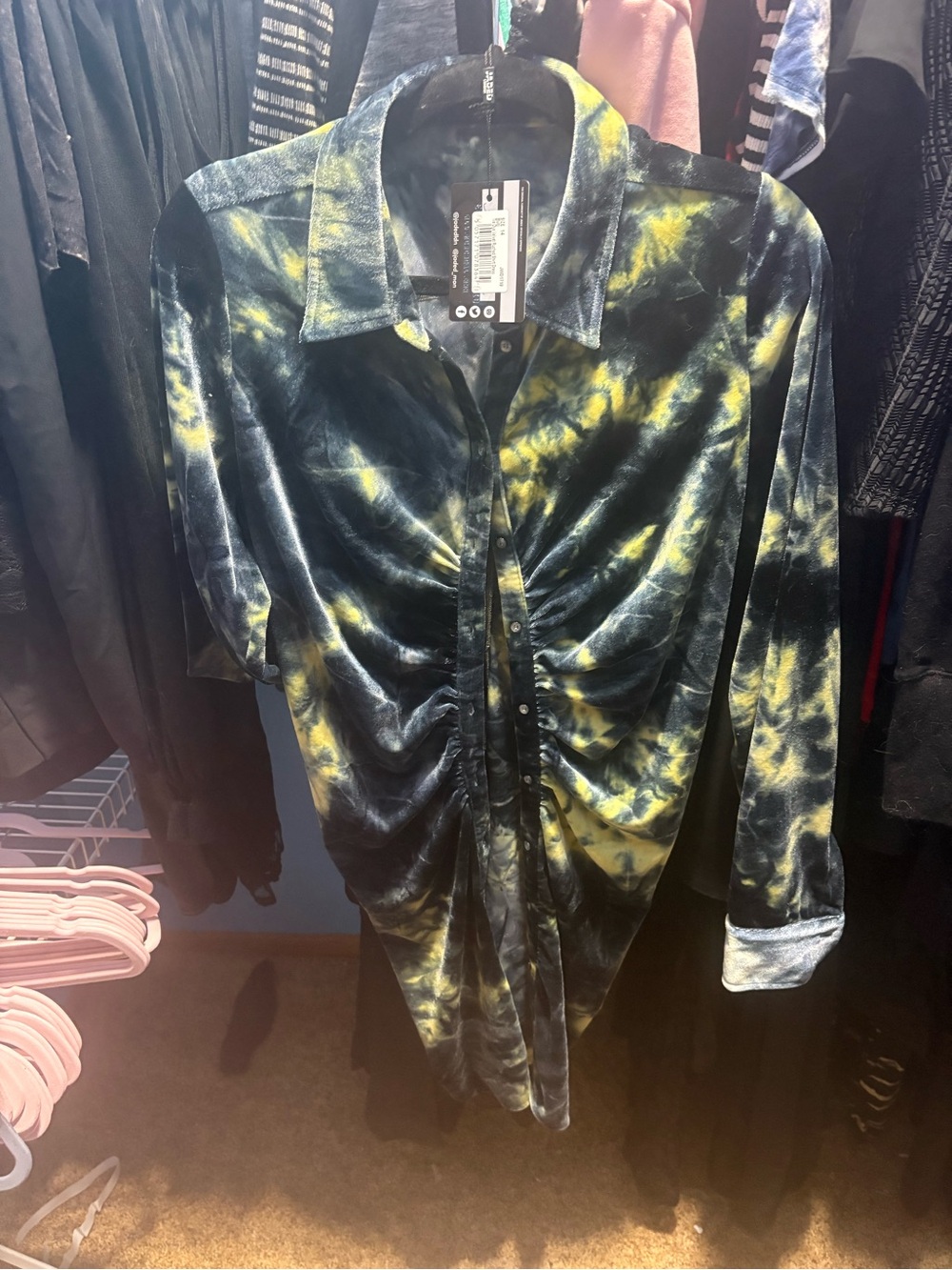 Jaded London Black and Yellow Tie-Dye Ruched Button-Down Shirt